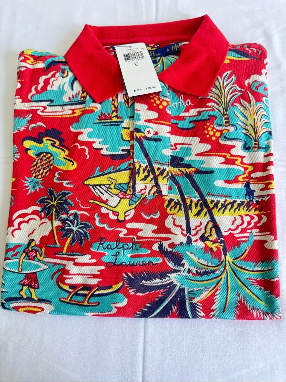 NWT Polo Ralph Lauren Aloha Tropical Print Polo Shirt Red Men’s L Classic Fit - Picture 7 of 12